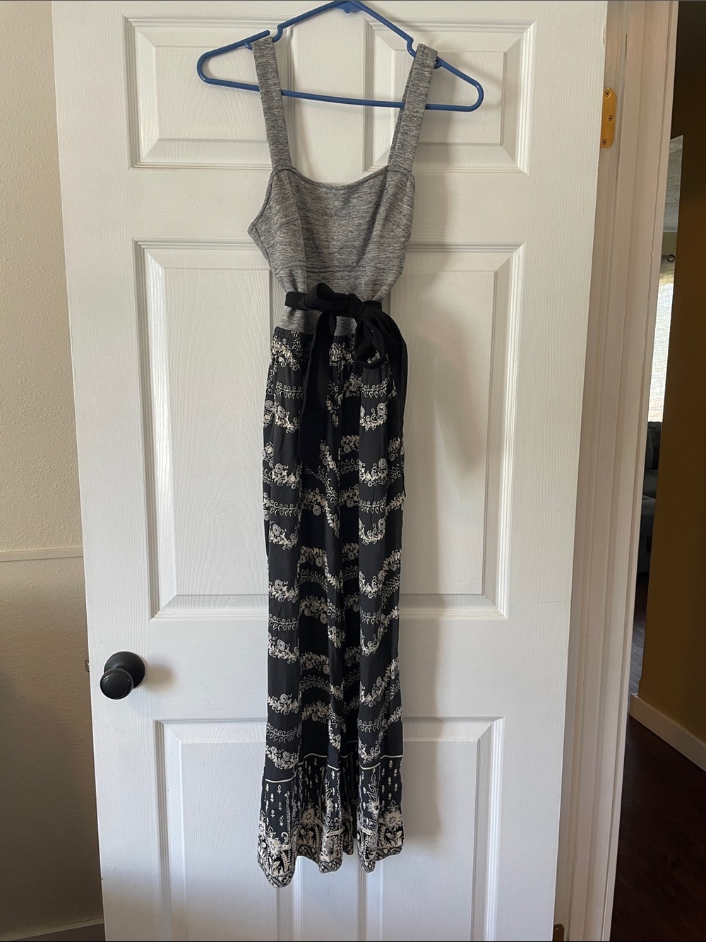 Gray Tank Top with Black & White Patterned Maxi Skirt Jumpsuit